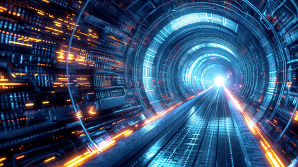 Canvas Print - Futuristic digital tunnel with glowing lights and vibrant energy pulses