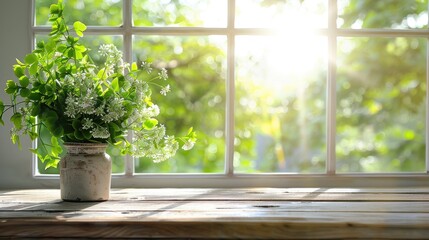 Wall Mural - Board with empty space decorated with green flowers Blurred white window and area for creating Morning sunlight in spring