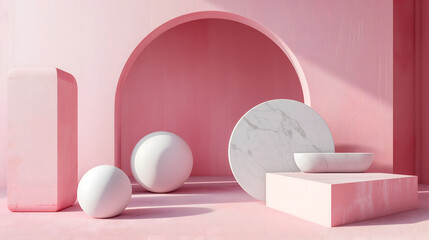 3d scene with abstract ball and pink background with sunlight. 3d render in the modern style.