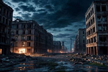 Poster - Night cityscape of ruins damage city after doomsday, apocalyptic urban landscape. Scenery of apocalypse survivor, abandoned city, skyline. Global apocalyptic conflict concept. Copy ad text space