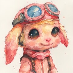 Wall Mural -  happy baby goat wearing flying goggles and helmet, simple, outlines, kawaii anime, colorful pastel, inspired, colorful ink wash, blocks, cultural