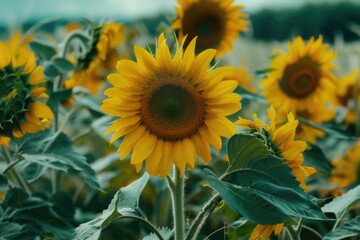 Poster - Close-up view of sunflowers with vibrant green leaves in a lush field