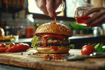 Poster - A person adding ketchup to their hamburger, suitable for food and drink related content