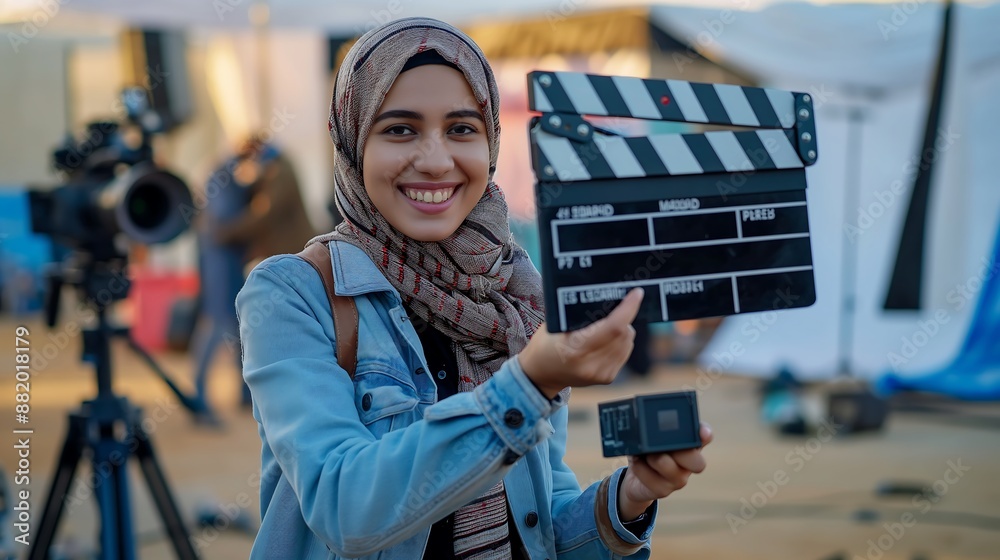 Smiling hijab wearing female film director with clapperboard on an ...