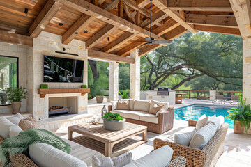 a beautiful outdoor living area, a sheltered patio featuring natural wood beams, cozy seats, and a fireplace. With its neutral color scheme, the room offers a warm and welcoming vibe