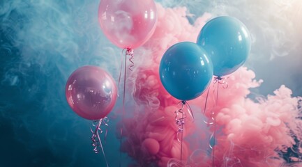 Wall Mural - Pink And Blue Balloons Floating In Pink And Blue Smoke