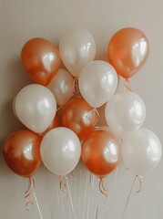 Wall Mural - A Cluster of White and Copper Balloons Against a Neutral Wall