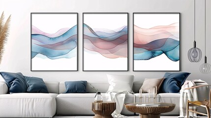 Poster - Three watercolor art posters on a wall, featuring a continuous design that spans all pieces on a white background, creating a unified and stylish decor