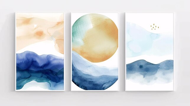 Three modern watercolor art posters with a continuous design, seamlessly connected on a white background for an elegant and artistic appearance