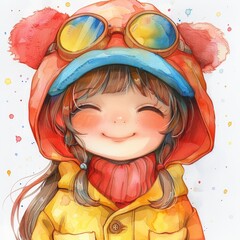 Wall Mural -  happy baby mummy wearing flying goggles and helmet, simple, outlines, kawaii anime, colorful pastel, inspired, colorful ink wash, blocks, cultural