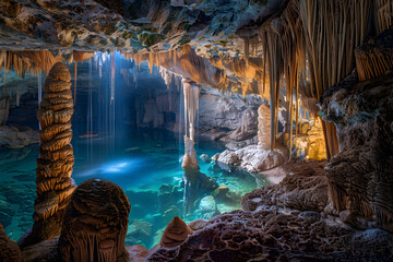 Cave with stalagmites, stalactites and waterfalls