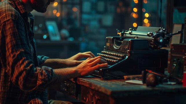 A man is typing on an old fashioned typewriter
