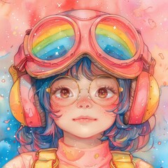 Wall Mural -  happy baby renaissance artist wearing flying goggles and helmet, simple, outlines, kawaii anime, colorful pastel, inspired, colorful ink wash, blocks, cultural