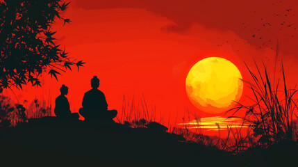 Canvas Print - Silhouettes of two people meditating under a large red sun at sunset