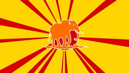 Poster - Wild elephant symbol on the background of animation from moving rays of the sun. Large orange symbol increases slightly. Seamless looped 4k animation on yellow background
