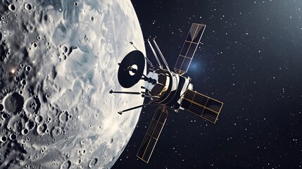 digital illustration of a geomodule satellite with three-axis structure orbiting the lunar surface, 