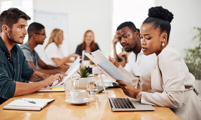 Poster - Woman, meeting and documents in office for business, reading and teamwork for planning or project. People, company and discussion in conference room for agenda, ideas and collaboration for career