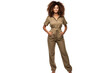 © venusvi - Full body shot of a stylish African American woman with curly hair, wearing a modern jumpsuit and posing confidently Isolated on white background