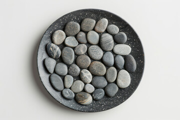 Poster - Elegant arrangement of smooth, gray pebbles on a round plate, presenting a minimalist and natural aesthetic for decor or relaxation.