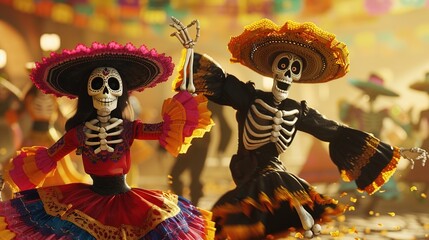 Sticker - Characters dressed as skeletons dancing on Mexico's Day of the Dead