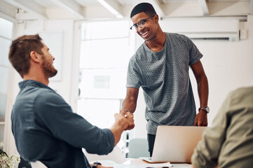Aufkleber - Business people, handshake and welcome to startup tech company with success, onboarding or job interview. Manager shaking hands with young smart programmer for recruitment, opportunity or internship