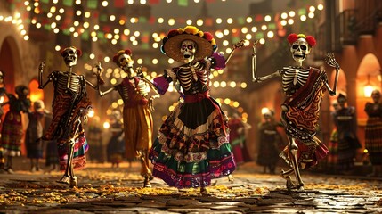 Wall Mural - Characters dressed as skeletons dancing on Mexico's Day of the Dead