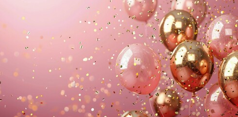 Wall Mural - Pink and Gold Balloons With Confetti Falling Against a Pink Background