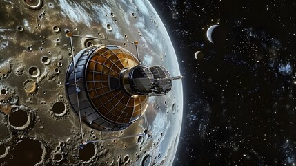 Digital illustration of a geomodule satellite with three-axis structure orbiting the lunar surface, set against the backdrop of space. 