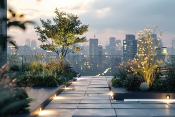 Poster - Panoramic view of a city from a rooftop garden, suitable for use in architecture, urban planning or real estate contexts