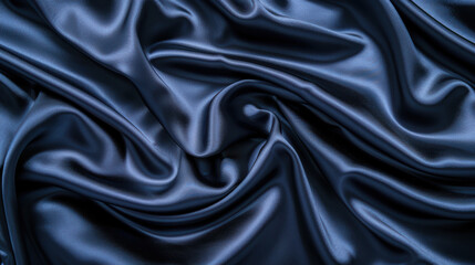 Close-up of smooth, wrinkled dark navy satin fabric texture. Luxurious, elegant silk material background with soft folds and gloss.