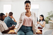 © MollerFinest/peopleimages.com - Employee, black woman and happy in office for meeting with brainstorming or strategy for project. Female person, people and smile on portrait in boardroom for teamwork, collaboration and proud