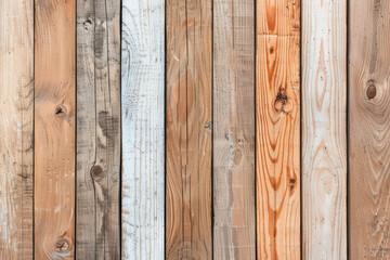 Poster - Close-up view of a rustic wooden plank wall with various textures and colors, showcasing natural wood grain patterns and variations. Perfect for background uses.