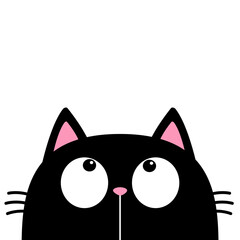 Wall Mural - Black peeking cat face head silhouette looking up. Big eyes. Pink nose, ears. Cute cartoon character. Kawaii kitten baby pet animal. Greeting card. Sticker print. Flat design. White background. Vector