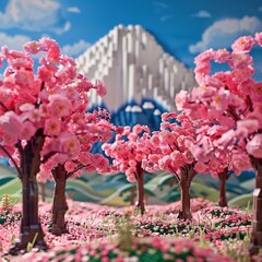 Sticker - cherry blossom trees built out of lego with mount fuji in the background