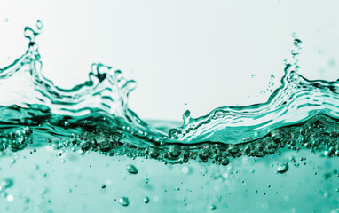 Poster - Dynamic close-up of water splashing, capturing the intricate patterns, bubbles, and ripples in refreshing turquoise tones.