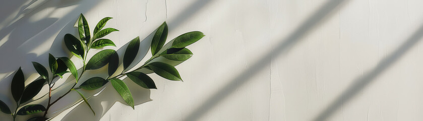 Wall Mural - Minimalist wall decor with green leaves casting shadows on a light background, perfect for adding natural elegance to any space.