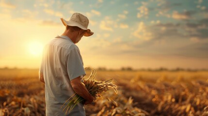 Wall Mural - Farmer standing in a golden wheat field at sunset, examining his crops. Harvest time in the countryside with a beautiful sunset sky.