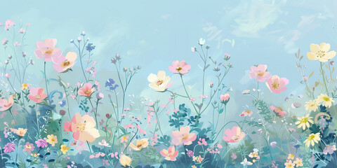 Wall Mural - Pastel garden scene with flowers in pink, blue, and yellow under a light blue sky