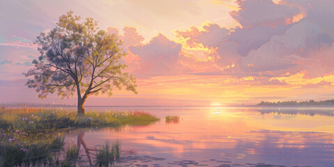 Wall Mural - Pastel sunset over a quiet lake with a sky in hues of pink, orange, and lavender