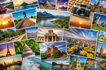 A vibrant collage of cherished travel memories showcasing iconic landmarks, stunning vistas, and exotic textures, framed by a digital camera's viewfinder display.