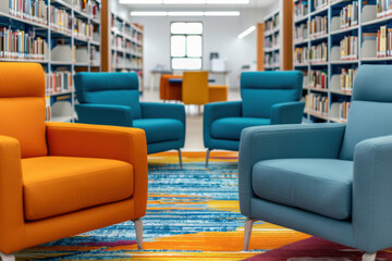 Wall Mural - Modern library interior with vibrant armchairs and colorful rug, surrounded by bookshelves filled with books, creating a cozy reading environment.