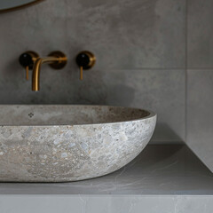 A close-up photo of an oval-shaped concrete basin, with a textured surface and some small stones in it. The basin is sitting on top of a grey shelf under one gold faucet and two other golden faucets.