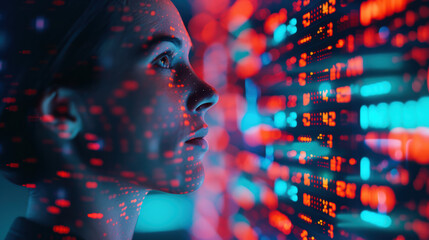 Aufkleber - Woman analyzing digital data on a screen, illuminated by red and blue lights, symbolizing artificial intelligence and futuristic technology.