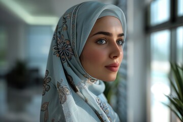 Aufkleber - A woman looks out of a window while wearing a headscarf, giving a glimpse into her daily life