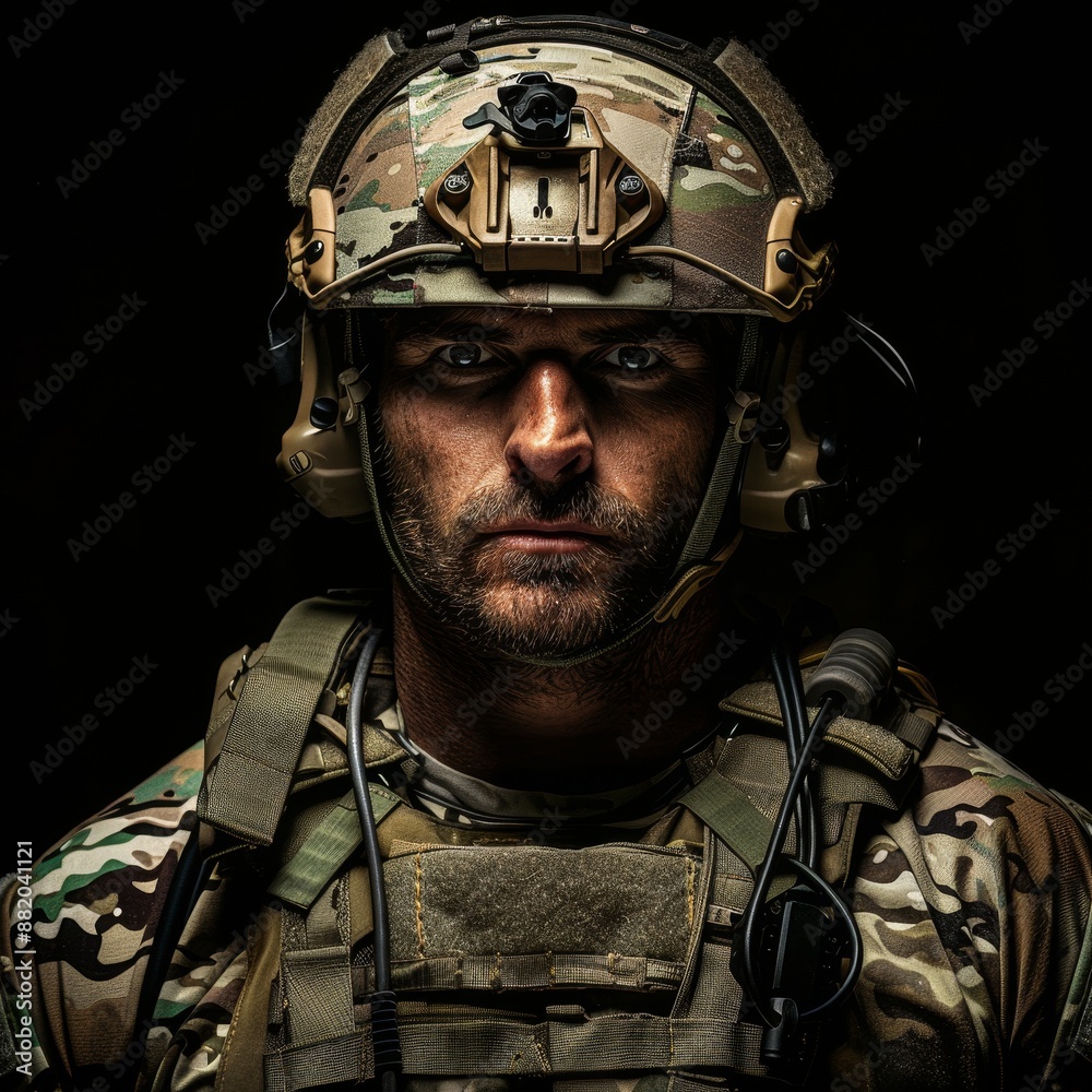Rank elite US Army ranger wearing combat helmet and dark glasses ...