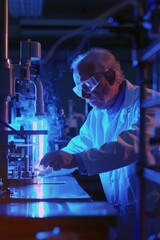 Poster - Middle aged engineer wearing glasses using high precision laser equipment, testing optics and using lenses to ensure accuracy for electronics