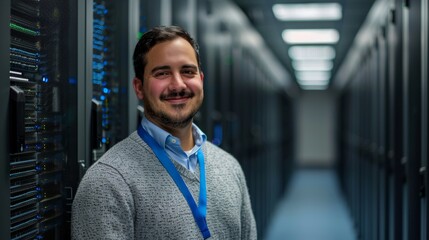 Poster - Standing in the middle of the Large Server Room of a Large Data Center is a curious, positive, and smiling IT engineer.