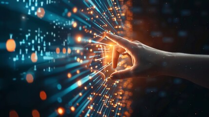 Poster - Conceptual illustration for digital transformation in the next generation of technology with a woman's hand.