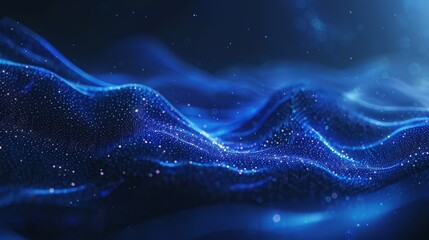 Poster - Blue abstract polygon background with blurred bokeh particles.