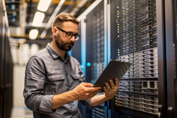 Poster - A datacenter technician inspects a server with a clipboard and uses high quality generative AI.